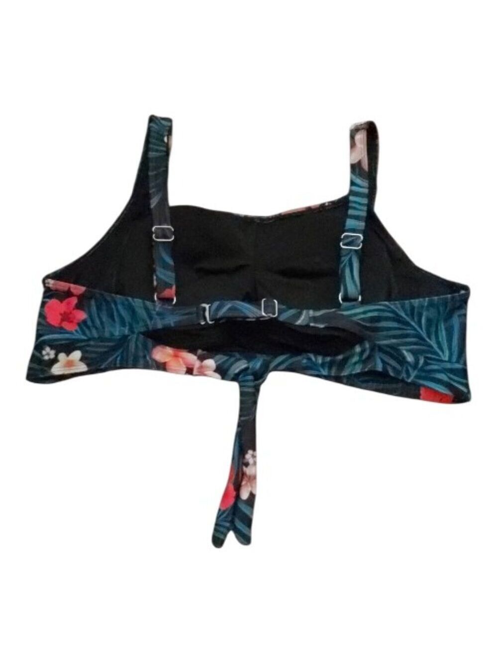 Hanna Nikole Black Floral Bikini Top 20W Plus Size Adjustable Straps Tie Closure - Picture 2 of 5